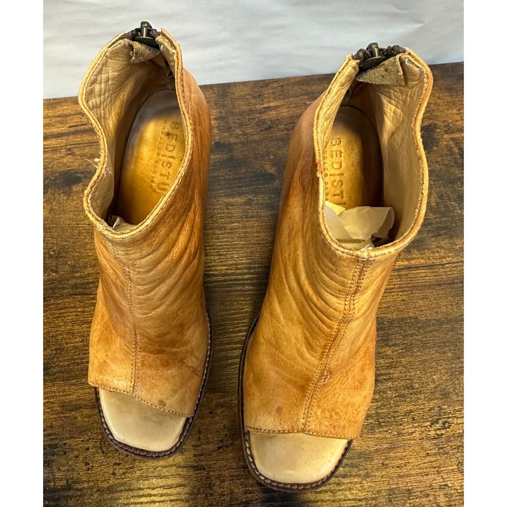 Bed Stu Onset Tan Distressed Leather Peep Toe Ankle Booties Heeled Size 8 Boho - Picture 15 of 16